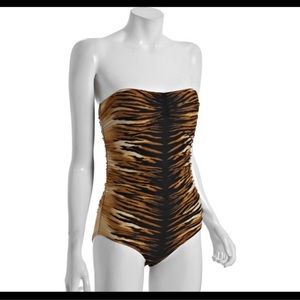 Carmen Marc Valvo tiger print strapless one piece swimsuit.